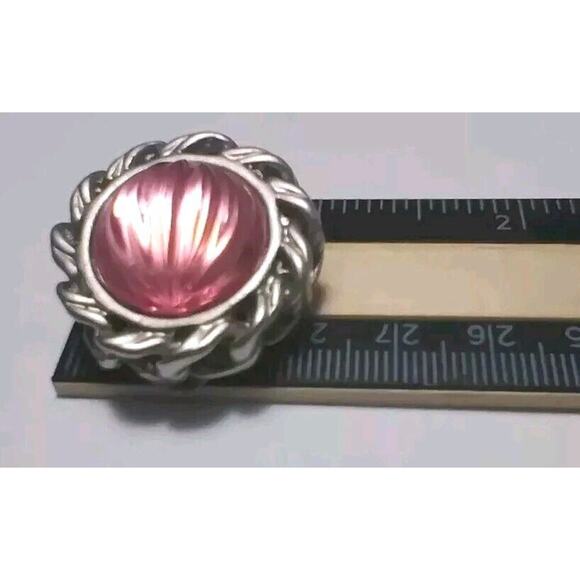 Vintage Earrings Pink Glass Cabochons Dome Clip-on Chunky Silvertone Bezel Set - Picture 7 of 7